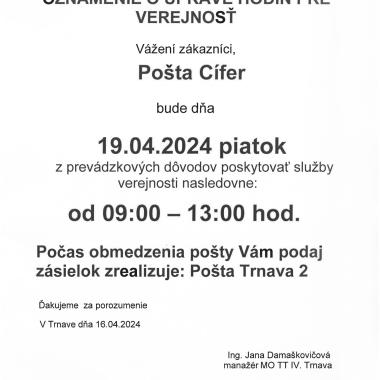 Pošta Cífer - oznam 1