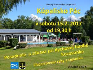 Posedenie  a zábava na kúpalisku Pác v sobotu 15.7.2017
