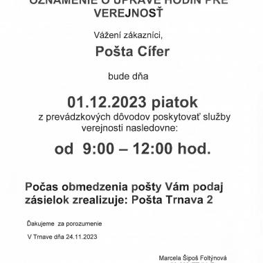 Pošta Cífer - oznam